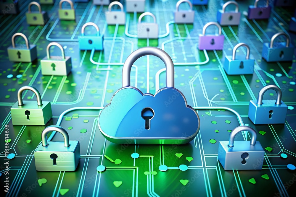 Poster secure cloud storage featuring multiple padlocks for enhanced data protection and safety in modern d