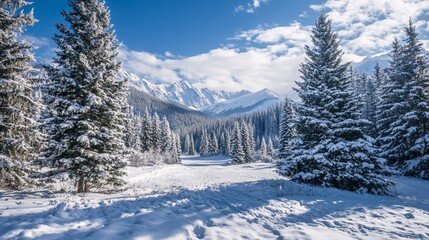 Fototapeta premium Snow covered pine trees and majestic mountains creating stunning winter landscape