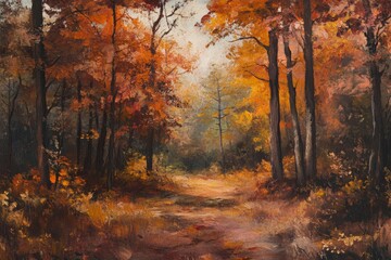 Fototapeta premium Autumnal forest landscape, magical atmosphere of fall blending realism.