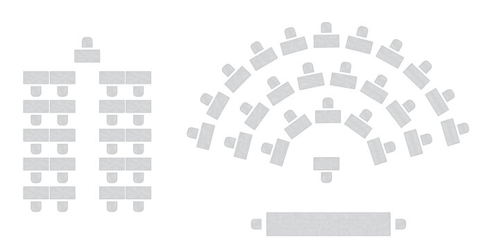 Wedding seating plan element. Conference banquet seminar classroom interior, conference hall and seminar room interior design. Vector top view of arrangement of banquet furniture seats illustration