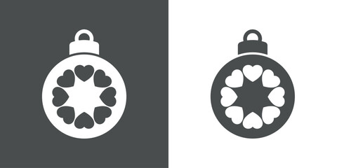 Decoración de Navidad. Logo con silueta de bola de navidad con grupo de corazones en marco circular para tarjetas y felicitaciones