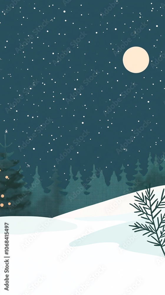 Aufkleber snow falling on pine trees under full moon on christmas eve