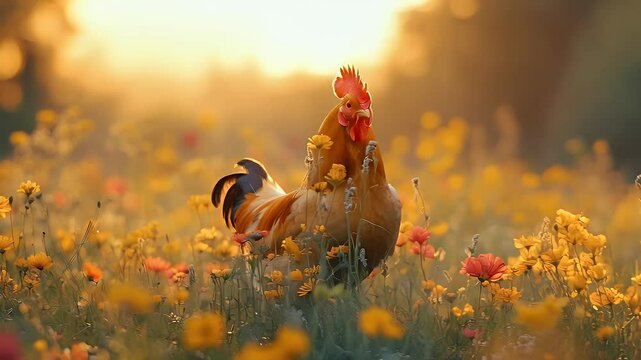 A pair of rooster in a flowery spot on a beautiful afternoon