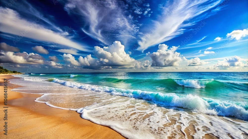 Poster serene blue and white waves gently lapping against the shore with clear sky and soft clouds - perfec