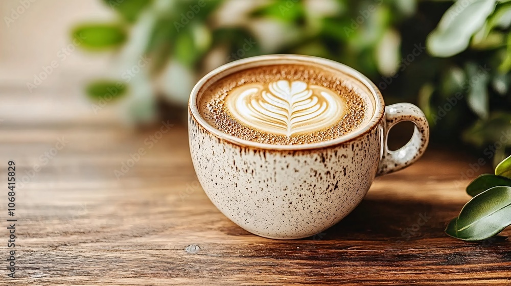 Poster a close-up of a freshly brewed cappuccino with latte art in a ceramic cup on a wooden table with a c