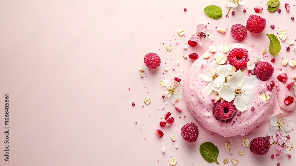 Poster a vibrant smoothie bowl topped with fresh fruits nuts and seeds arranged beautifully on a light-colo