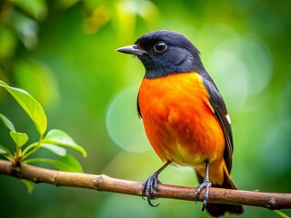 Fototapeta premium Serene Close-Up of an Orange and Black Bird Perched Elegantly on a Branch Surrounded by Lush Greenery in a Tranquil Natural Setting Capturing the Essence of Wildlife Serenity