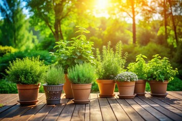 Fototapeta premium Large herb pots adorn a cedar deck, creating a tranquil outdoor garden oasis filled with lush greenery, fragrant plants, and a serene atmosphere for relaxation.