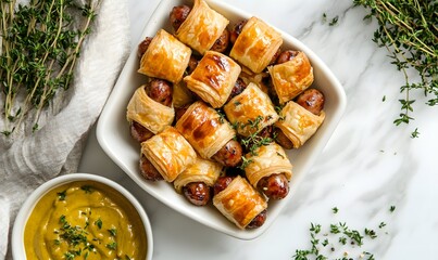 mini sausages wrapped in golden puff pastry and served with mustard, Generative AI 