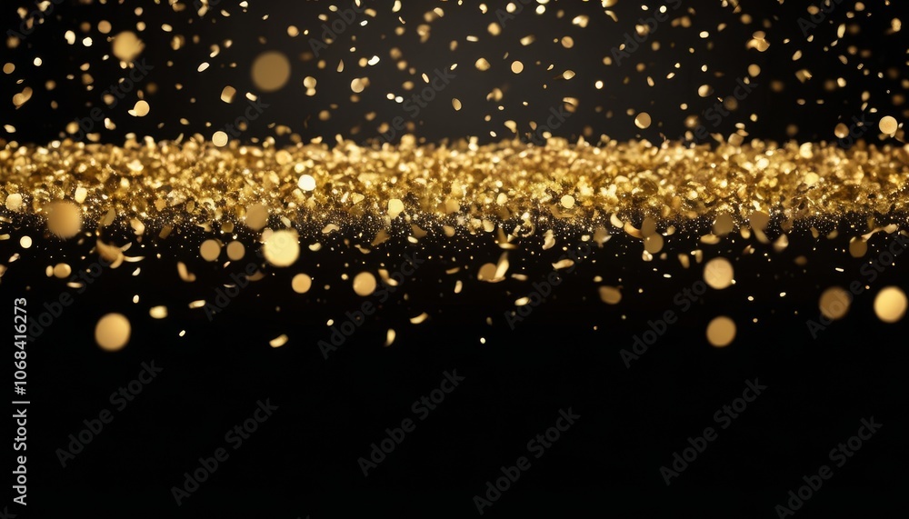 Poster glittering gold bokeh flare light effect with falling particles on a black background