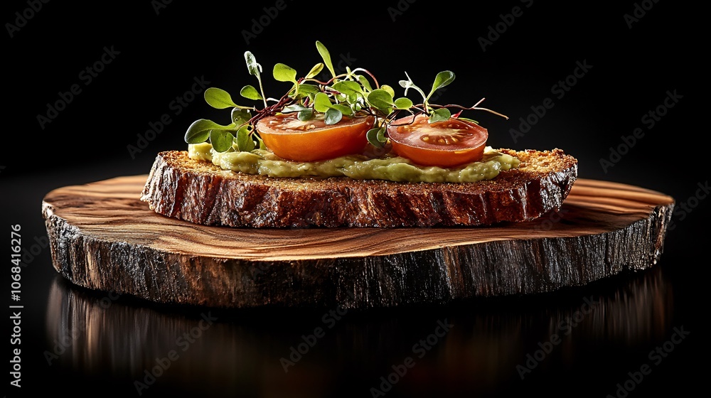 Poster fresh avocado toast with microgreens and cherry tomatoes on a rustic wooden board showcasing plant-b