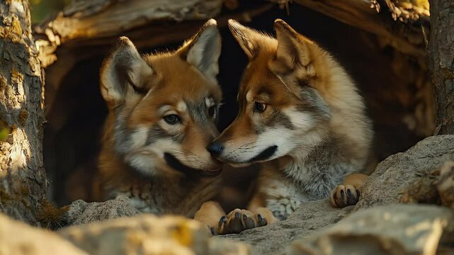 Two adorable wolf cubs relaxing in their den during the day