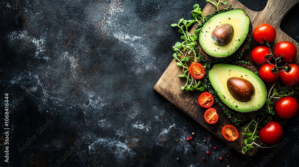 Poster fresh avocado toast with microgreens and cherry tomatoes on a rustic wooden board showcasing plant-b