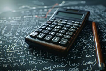Calculator is lying on a desk covered with mathematical formulas and equations, suggesting complex calculations and problem solving