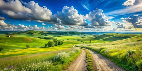 Obraz premium Serene Country Landscape with Rolling Green Hills and a Clear Blue Sky, Perfect for Nature Lovers Seeking Peaceful Retreats and Scenic Views in Rural Settings