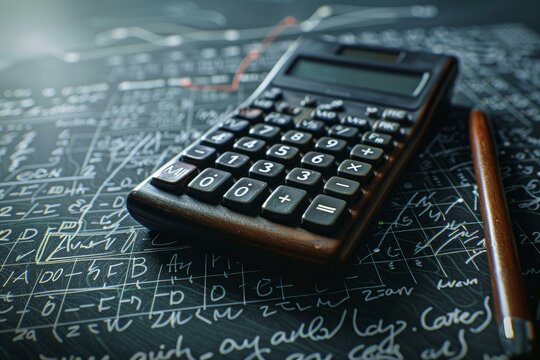 Calculator is lying on a desk covered with mathematical formulas and equations, suggesting complex calculations and problem solving