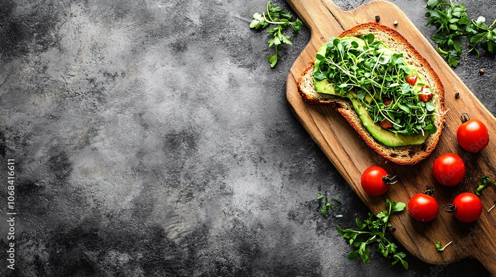 Poster fresh avocado toast with microgreens and cherry tomatoes on a rustic wooden board showcasing plant-b