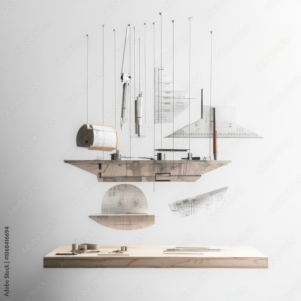 Poster suspended architectural drafting tools an exploration of precision and design in floatation