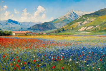 Fototapeta premium A painting of a field of flowers with mountains in the background