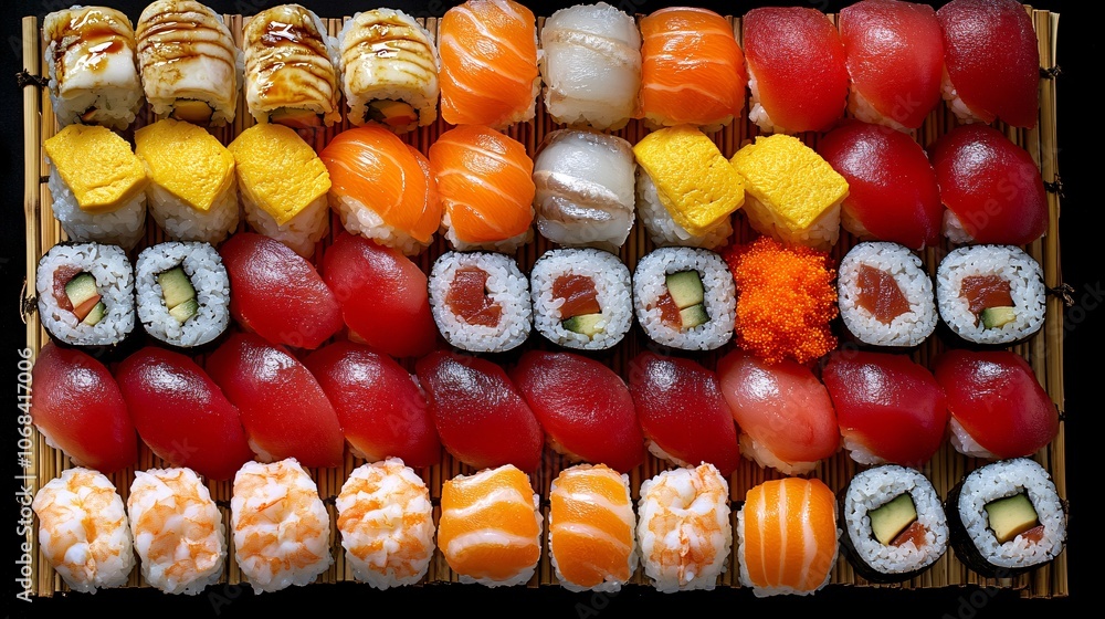 Poster top-down view of a deliciously plated sushi assortment with colorful rolls on a bamboo mat capturing