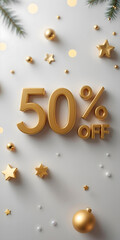 3d 50% off golden banner. Christmas sale. Inscription. Discount. Winter sale. New Year sale