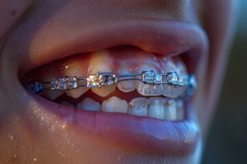 Obraz premium Young person is smiling and showing their orthodontic treatment with braces and jewels on their teeth