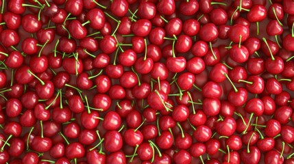 A seamless surface of fresh cherries with glossy skins, scattered in tight formation, filling the entire frame with red and green stems.