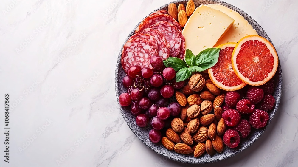 Poster a beautiful charcuterie board filled with a selection of cheeses cured meats nuts and fresh fruit on