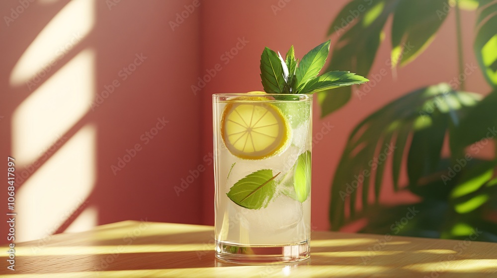 Poster a refreshing glass of lemonade with lemon slices and mint leaves on a wooden table against a bright 