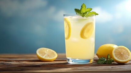 Fototapeta premium A refreshing glass of lemonade with lemon slices and mint leaves on a wooden table against a bright summer backdrop symbolizing a cool drink on a hot day with side empty space for text, Stockphoto