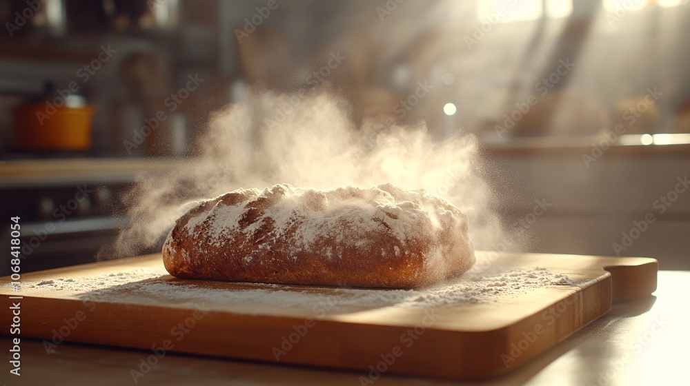 Aufkleber a freshly baked sourdough loaf with a rustic crust on a wooden board dusted with flour creating a fa