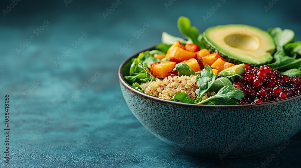 Poster close-up of a colorful salad bowl with quinoa roasted vegetables and avocado showcasing a healthy an