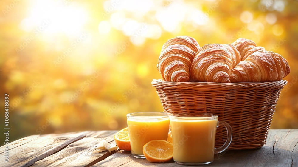 Poster warm croissants and pastries arranged in a basket on a breakfast table with coffee and orange juice 