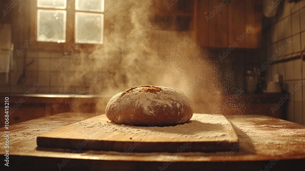 Poster A freshly baked sourdough loaf with a rustic crust on a wooden board dusted with flour creating a farmhouse kitchen atmosphere with side empty space for text, Stockphoto style