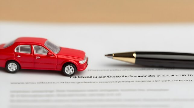 A red toy car model placed on an open car insurance claim form with a pen ready for signing the document  Concept of automobile accident damage and insurance policy coverage