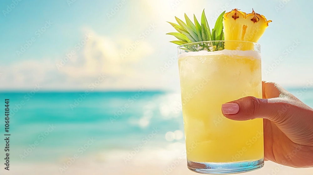Poster hand holding a refreshing tropical cocktail with pineapple garnish against a beach background captur