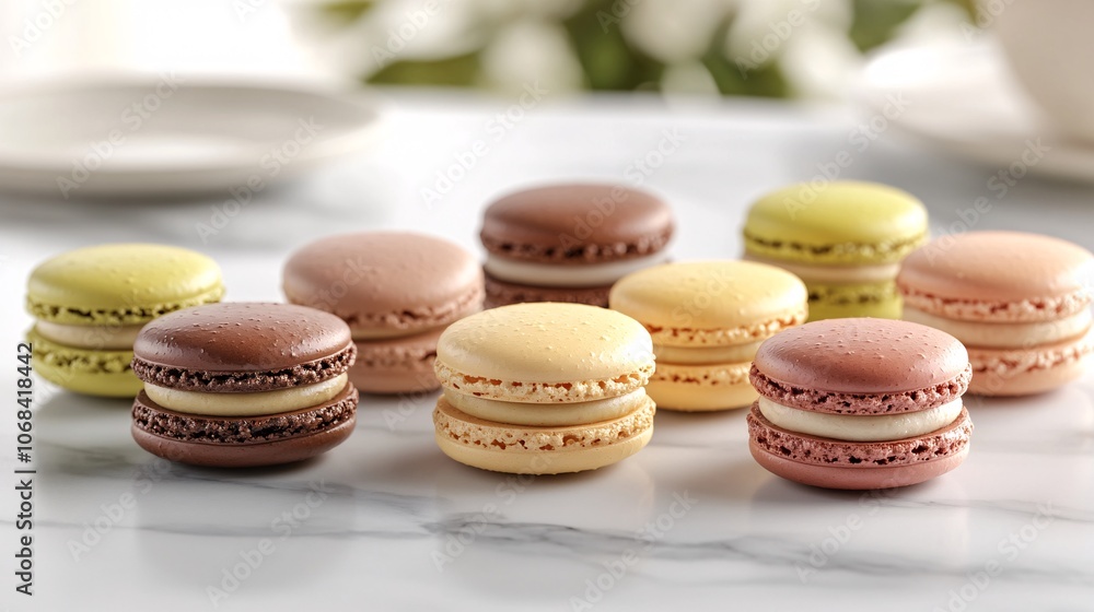 Aufkleber A selection of colorful macarons arranged on a marble surface in pastel shades creating an elegant dessert moment with side empty space for text, Stockphoto style