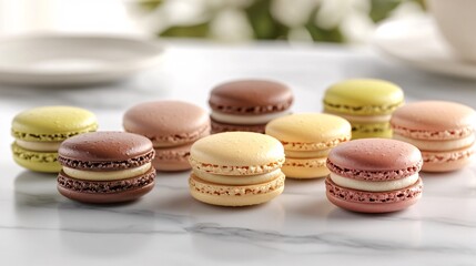 Fototapeta premium A selection of colorful macarons arranged on a marble surface in pastel shades creating an elegant dessert moment with side empty space for text, Stockphoto style