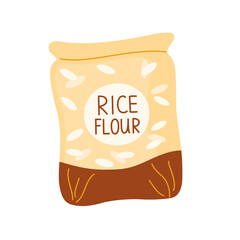 Rice flour in paper bag. Closed pack, package with baking ingredient. Product for cooking. Flat cartoon vector illustration isolated on white background