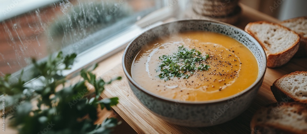 Aufkleber a steamy bowl of vegetable soup with carrots celery and herbs served with crusty bread on the side c