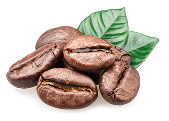 Roasted coffee beans and green coffee leaves isolated on white background. Natural concept of coffee drink.
