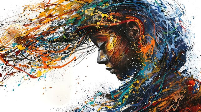 This is an abstract painting of a woman's face. The woman is facing to the left of the viewer.