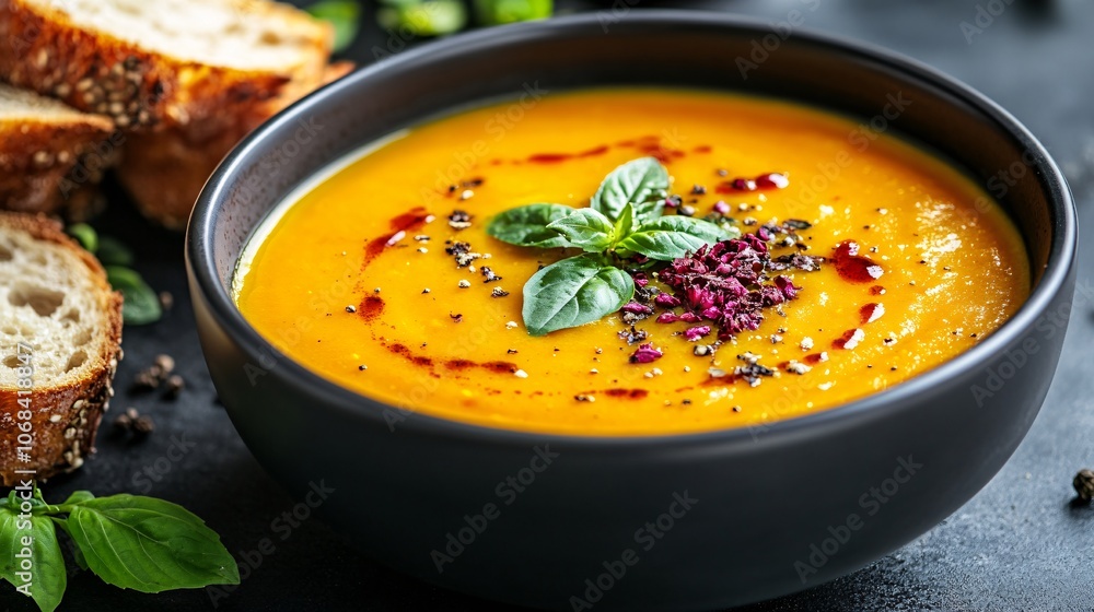 Aufkleber a steamy bowl of vegetable soup with carrots celery and herbs served with crusty bread on the side c