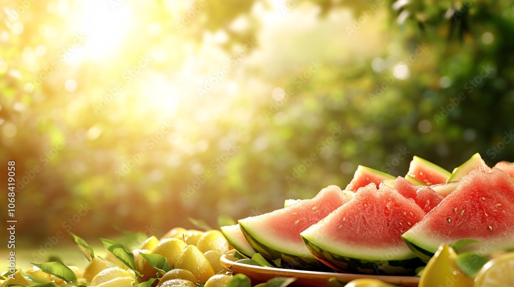 Poster Freshly cut watermelon slices arranged on a large platter with a bright summer background creating a refreshing fruit scene with side empty space for text, Stockphoto style