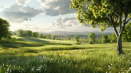 The image is a beautiful landscape of a green field with a large tree in the foreground. The sky is blue and there are white clouds.