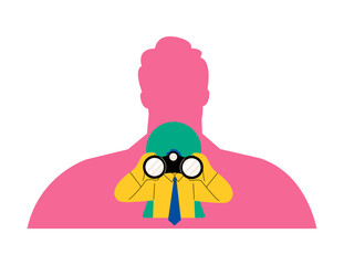 Business man using telescope to look into the distance Self-discovery. Flat vector illustration isolated on white background