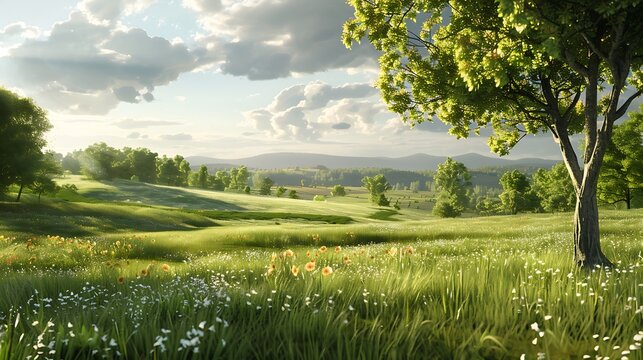 The image is a beautiful landscape of a green field with a large tree in the foreground. The sky is blue and there are white clouds. - Powered by Adobe