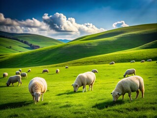 Fototapeta premium Serene Minimalist Scene of Sheep Grazing on Lush Green Grass Under a Clear Blue Sky, Emphasizing Tranquility and Simplicity in Nature's Beauty