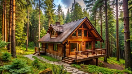 Cozy wooden house nestled in the woods surrounded by trees and nature, cabin, forest, trees, mountain, solitude, tranquil