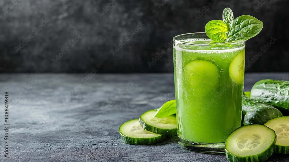 Poster a glass of cold-pressed green juice with fresh vegetables like spinach and cucumber arranged nearby 